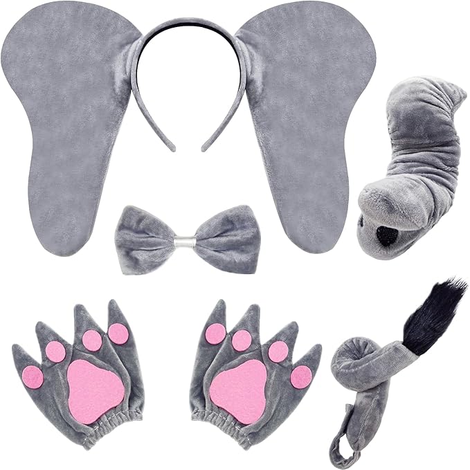 Xuyyicao 5 Pcs Grey Elephant Costume Set,Fuzzy Elephant Ears Nose Tail Gloves Bowtie Kit,Animal Costumes for Halloween Cos...