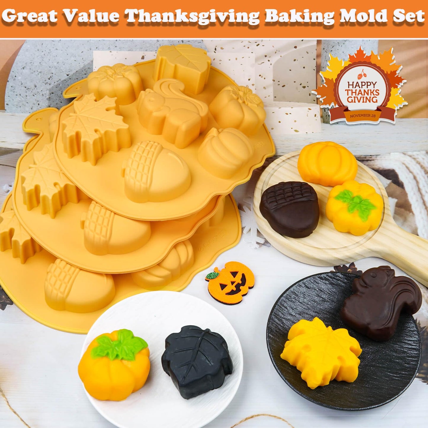 Halloween & Thanksgiving Silicone Molds - 3PC Autumn Cake Molds Set with Acorn Pumpkin Maple Leaf Shapes 21-Cavity Baking Pan for Chocolate Candy Cheesecake Ice Cube Jelly Pudding Soap Candle Making