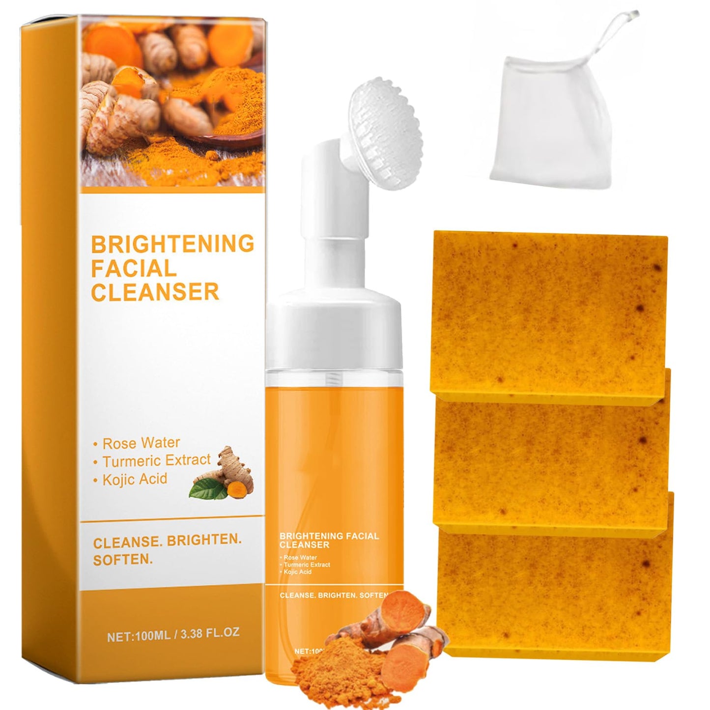 Turmeric Face Wash & Turmeric Soap Bars 2 Piece Set, Kojic Lemon Soap Deep Cleansing Hydrating Face & Body for Oily & Dry Care (