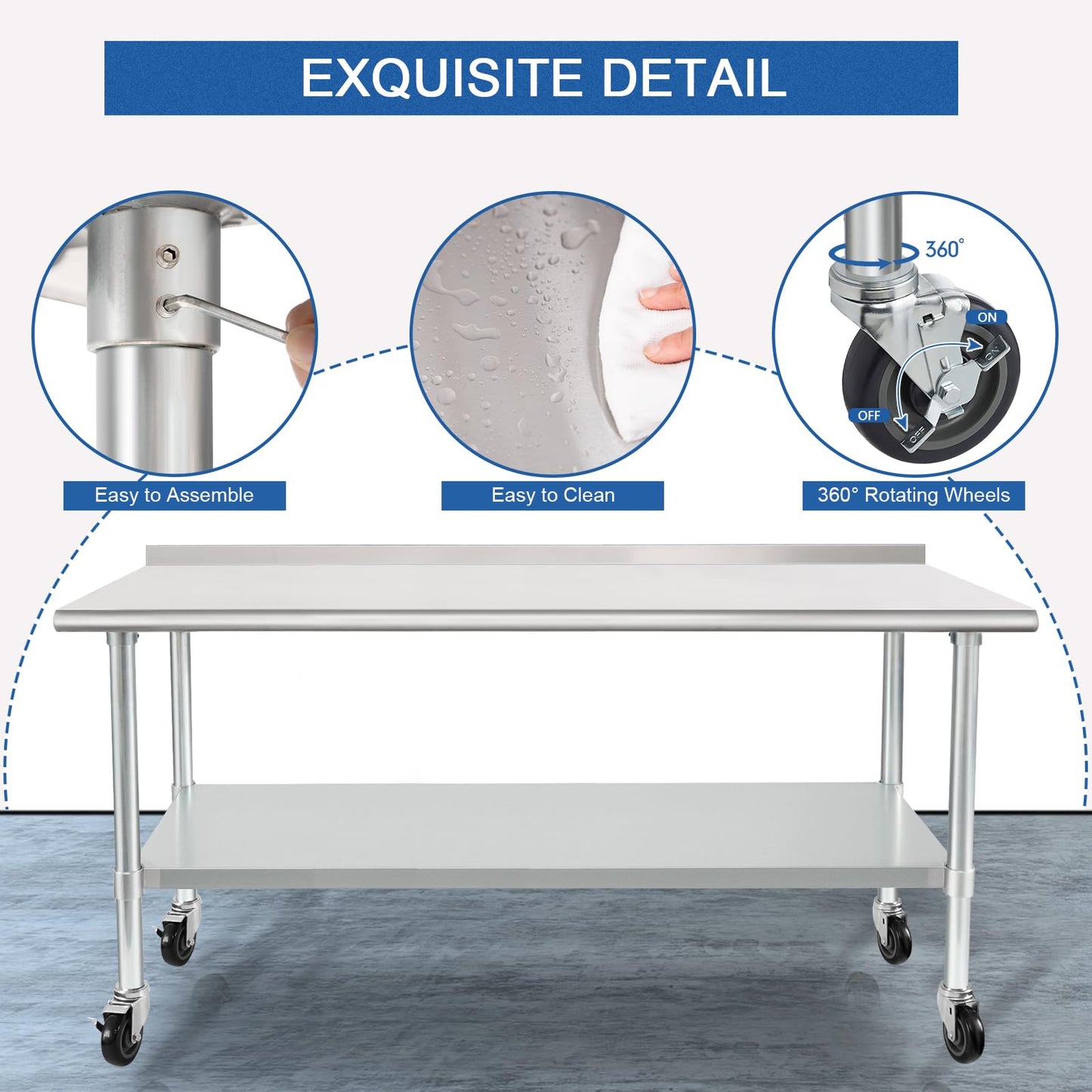 HARDURA Stainless Steel Table with Wheels 30X72 Inches NSF Heavy Duty Commercial Prep Table with 2” Backsplash and Adjustable Undershelf for Food Prep