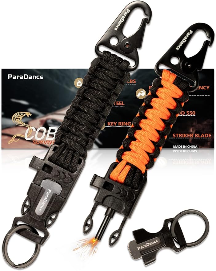 ParaDance Survival Keychain Fire Starter w/Flint Striker Paracord Whistle Keyring for Hiking Camping Fishing Hunting