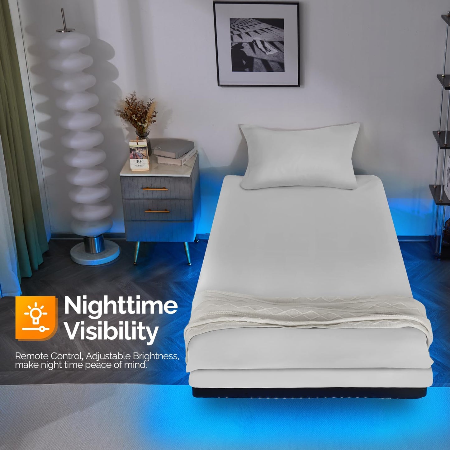 VINGLI Twin Floating Bed Frame with USB Charging Station/LED Lights, 14'' Platform Bed Frame Twin Size Heavy Duty Metal Bed, No Box Spring Needed,Black