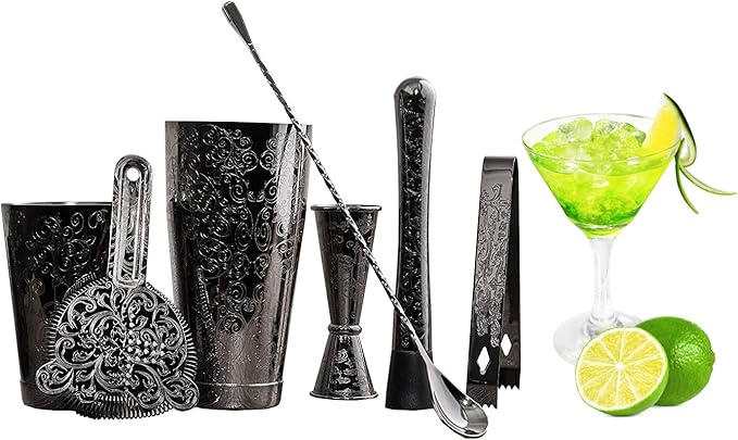 SKY FISH Bartender Kit Cocktail Shaker Set-7 Pieces Stainless Steel Black Plated Etching Bar Tools with Boston Shaker Tin...
