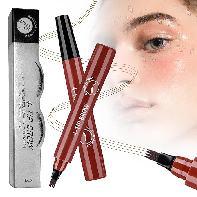 Microblading Eyebrow Pencil, 2025 Upgraded Waterproof Four-tip Beard and Eyebrow Pen, Long Lasting 3D Eye Brow Pencils for Women Natural Hair-Like Strokes (Red Brown)