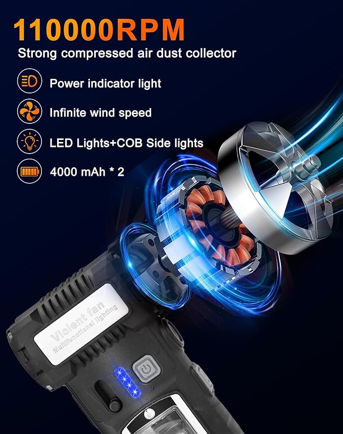 Compressed Air Duster, 2 Gear Adjustable 110000RPM Electric Air Duster with LED Light, 8000mAh Rechargeable Battery, Powerful Dusters for Cleaning Keyboard, Computer, Car, Outdoor, Air Bed