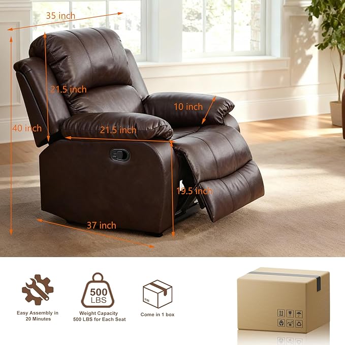 Saxum Tegmen Living Room Furniture Sets, Leather Recliner Sofa, Sectional Chair with Deep Seat, 1 Piece Furniture for Living Room/RV/Office (Chair, Brown Leather)