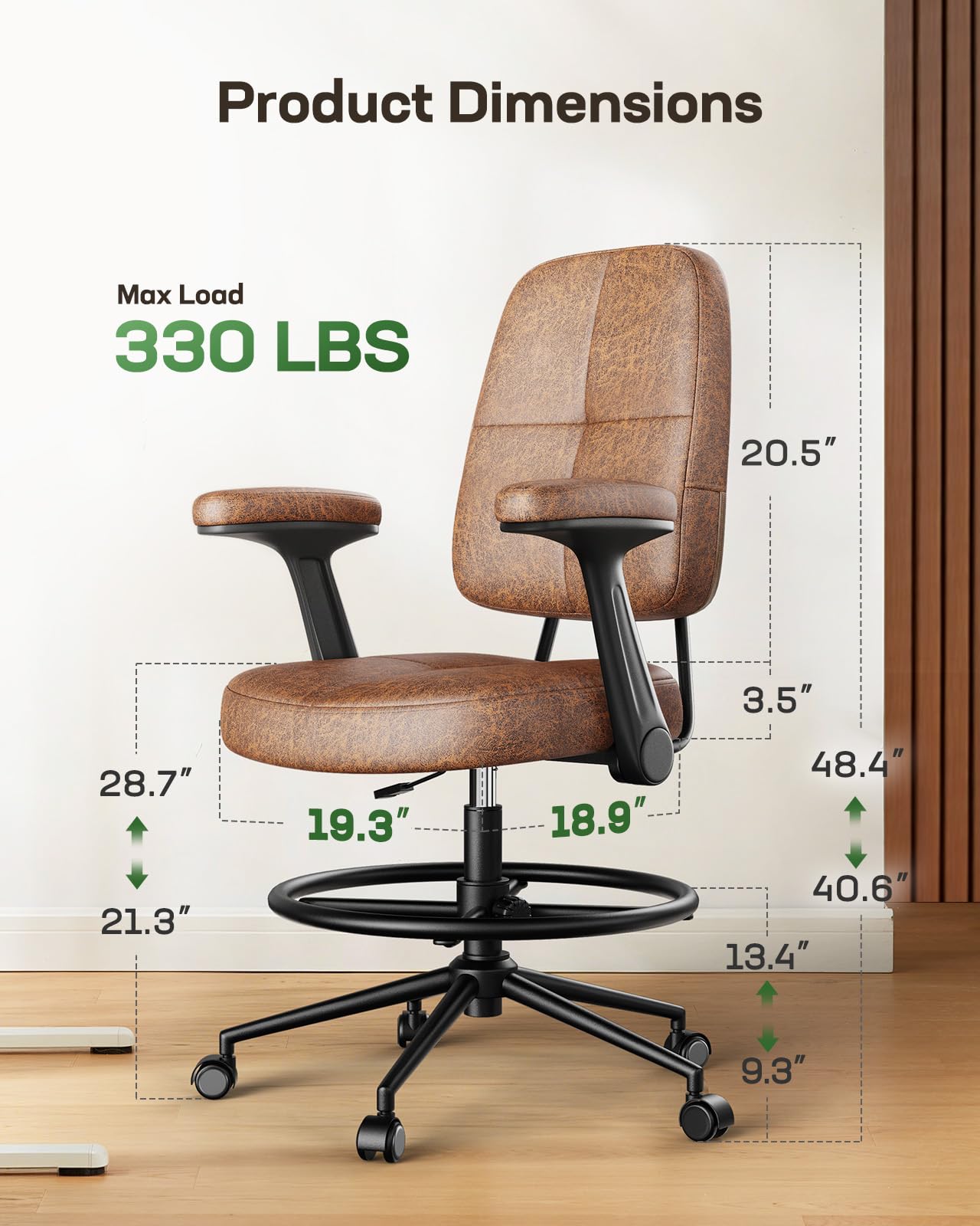 Marsail Drafting Chair with Flip-Up Armrests and Footrest, Ergonomic Tall Office Chair, Height Adjustable High Chair, Brown Leather Seat with Thick Cushion, 360° Swivel, for Standing Desk, Home Office