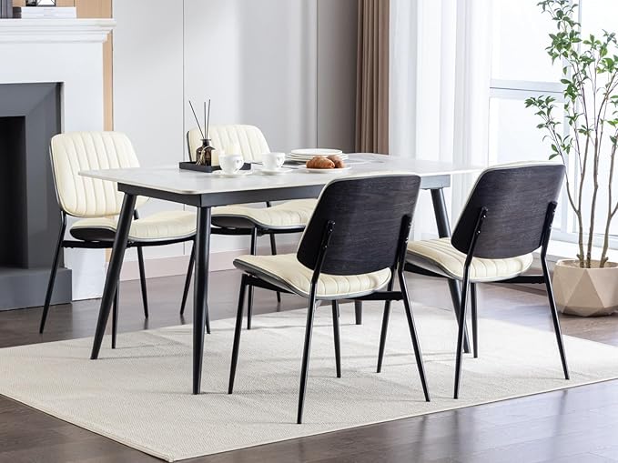 YaFiti Dining Chairs Set of 6, Mid Century Modern Accent Dining Room and Kitchen Chairs, Upholstered PU Leather Vertical Stripe Chairs for Vanity with Walnut Bentwood and Metal Legs, Beige