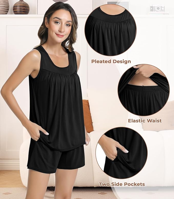 NACHILA Pajamas for Women-Viscose from Bamboo, Ribbed Racerback Tank Top Sexy Split Shorts Pajama Sets Cooling Sleep Cami Pjs