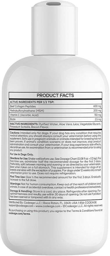 Liquid Collagen for Dogs – Beef Collagen Peptides with Vitamin C, Biotin & MSM – Bacon Flavor Liquid Supplement for Skin, Coat & Joint Care – Canine Supplement - All Dog Breeds – 4 fl oz