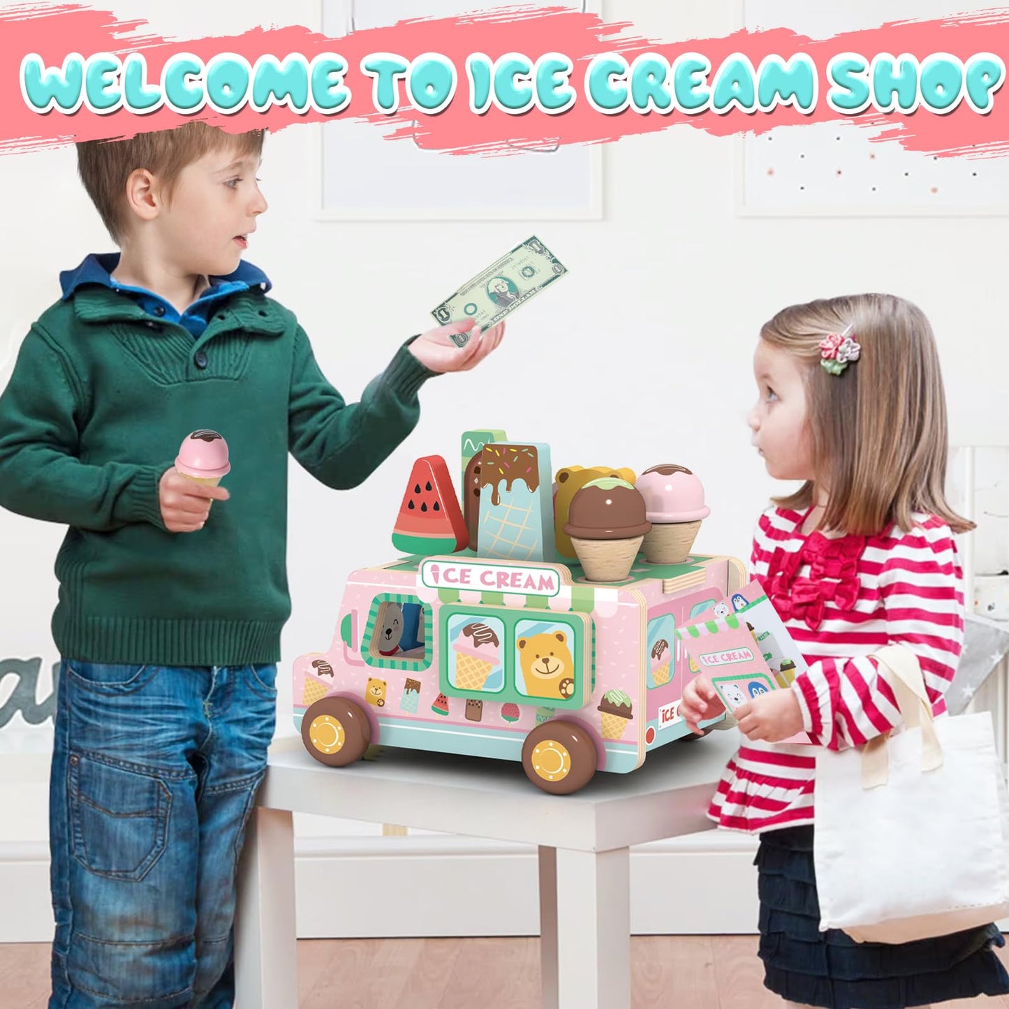 XIAPIA Ice Cream Toys for Girls, Wooden Ice Cream Cart, Pretend Play Toys for 1 2 3 Year Old, Play Food Truck Store for Toddlers 1-3, Boys Ice Lolly Shop Playset, Birthday Gifts for Baby 12-18 Month
