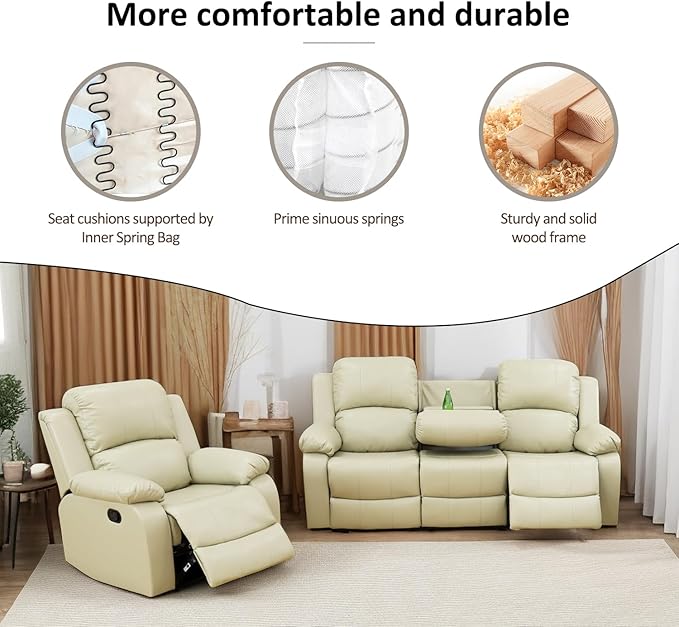 A Ainehome Living Room Furniture Set Bonded Leather Recliner Sofa Set Loveseat Chair Furniture Sofa Set for Living Room/Rv/House/Office/Theater Seating (A-Beige Leather, Sofa+Chair)