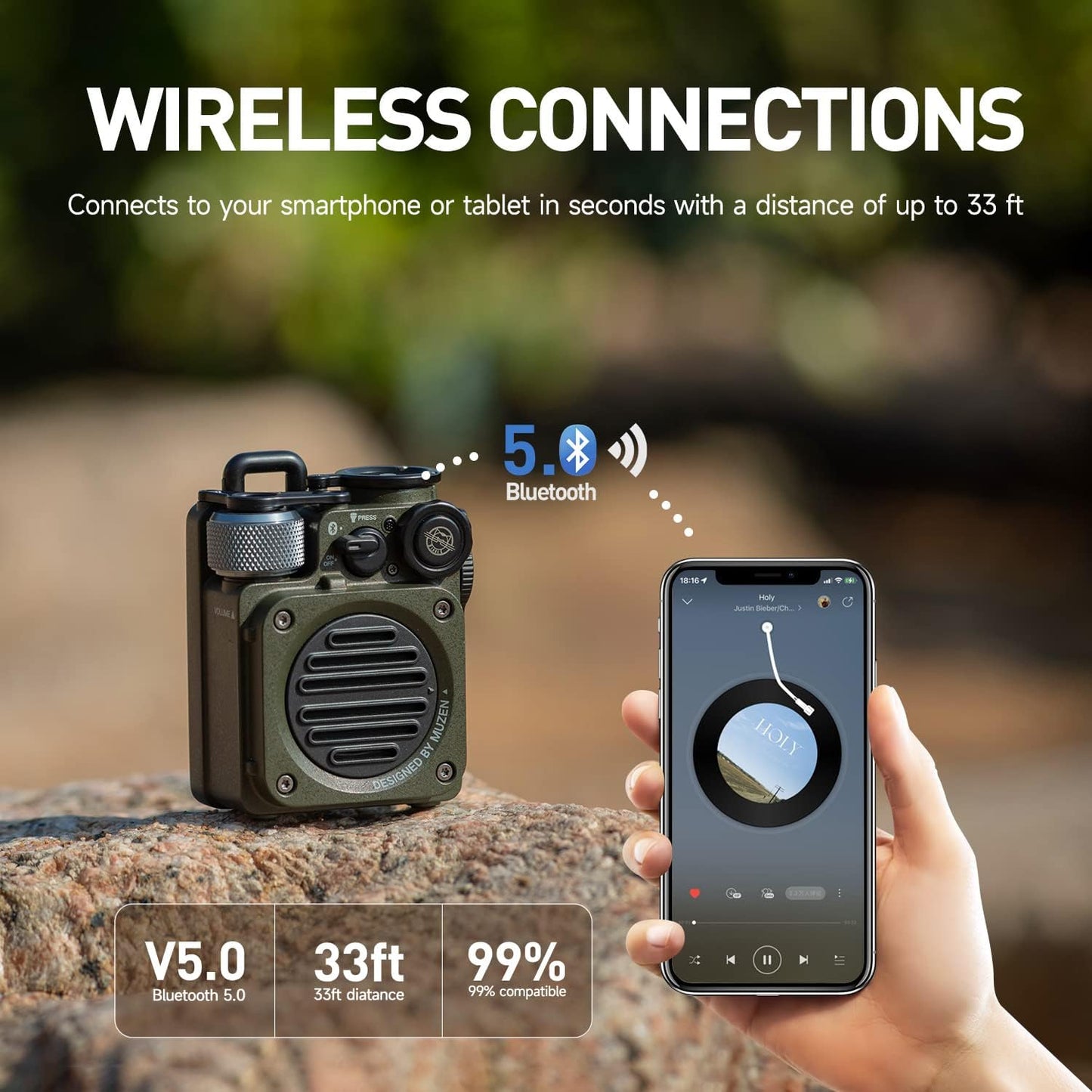 Muzen Portable Small Bluetooth Speaker, Wild Mini Rugged Outdoor Travel Wireless Waterproof Speakers With Flashlight, Crystal Cl
