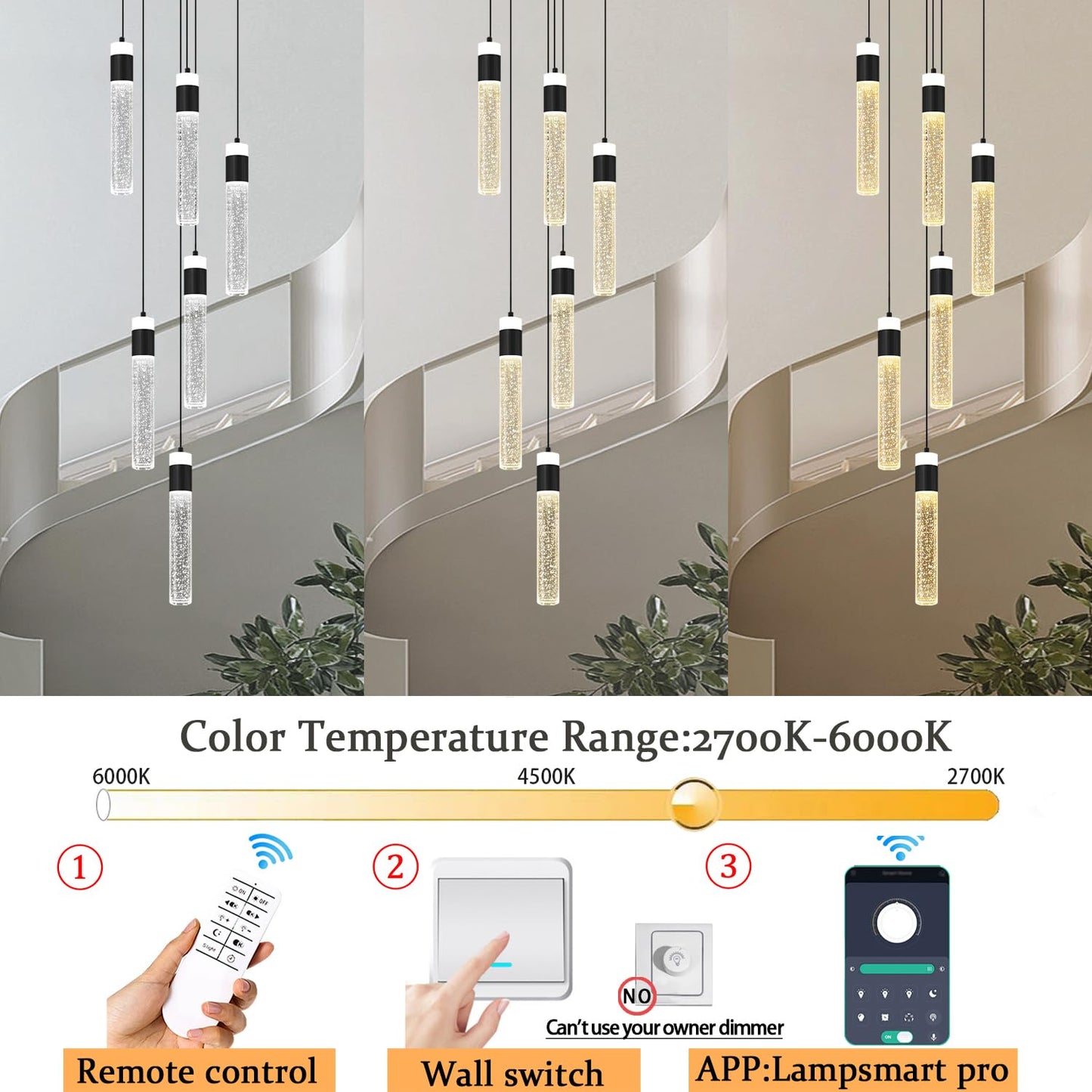 IDEQUY 6-Lights Modern Crystal Column Chandelier for Living Room Foyer Long Crytsal Chandeliers Pendant Lighting Flush Mount Hanging Light Fixture for Living Room Foyer Entryway