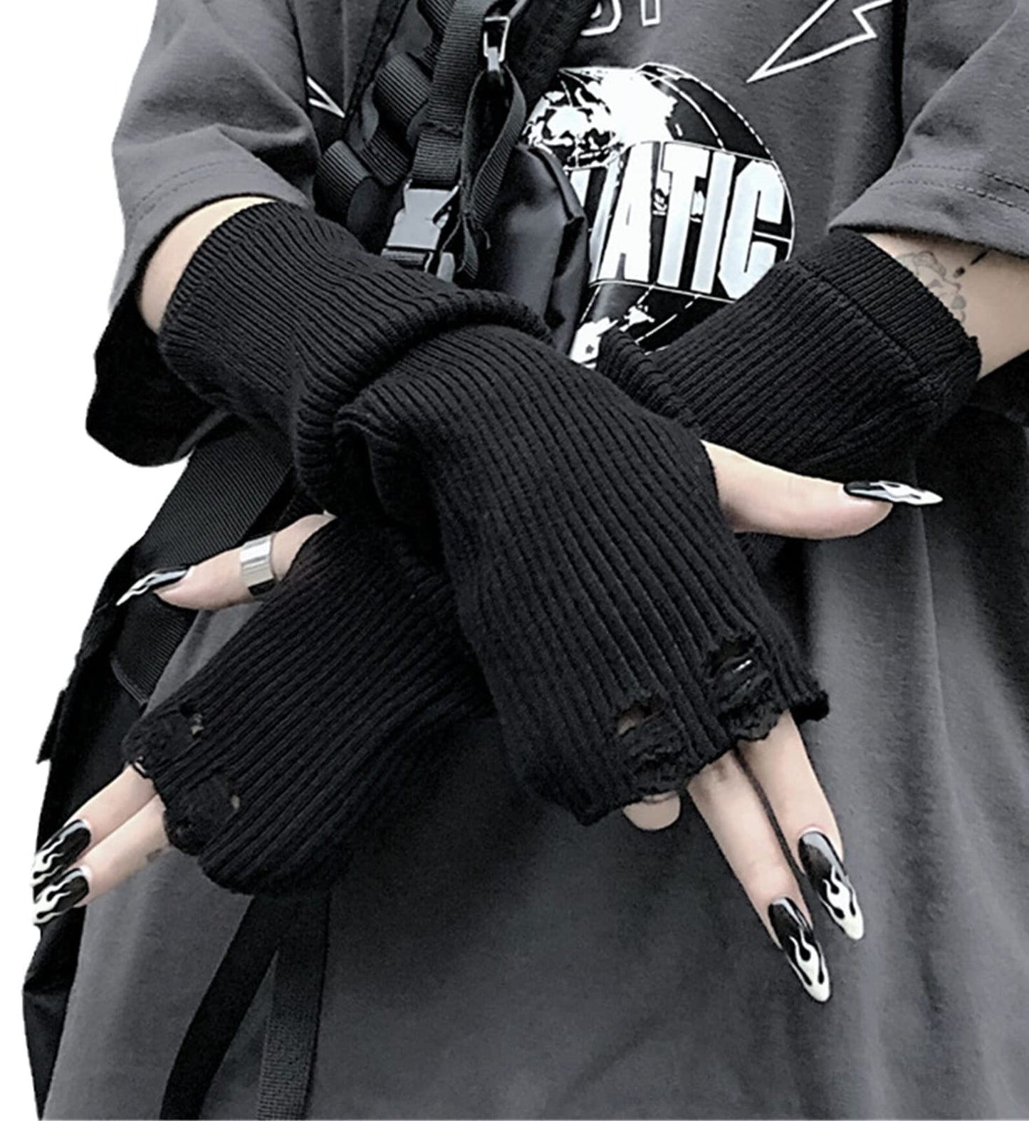 URAWESO Goth Gloves Grunge Emo Fingerless Arm Warmers Gothic Punk Thumbhole Ripped Hip Hop Y2k Arm Sleeves Cosplay