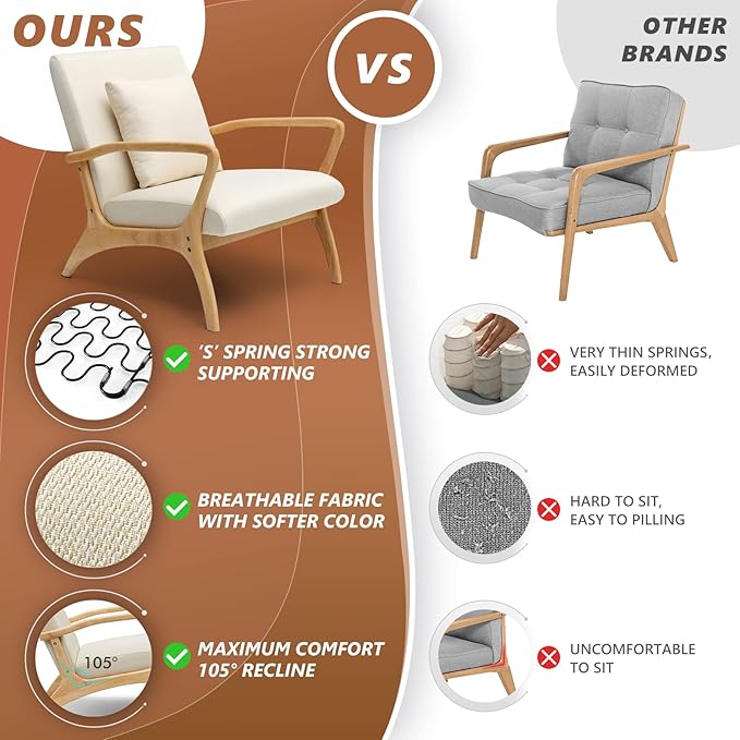 ELUCHANG Accent Chair with Lumbar Pillow,Mid-Century Modern Armchair, Linen Fabric Comfy Reading, Lounge Side Chair for Living Room Bedroom Apartment,Easy Assembly(Beige)