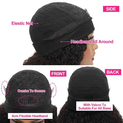 Kinky Curly Headband Wig Human Hair 24 Inch Headband Wigs for Women Human Hair Glueless None Lace Front Curly Wave Wigs Brazilian Virgin Hair Wear and Go Glueless Wig 150% Density Natural Black Color