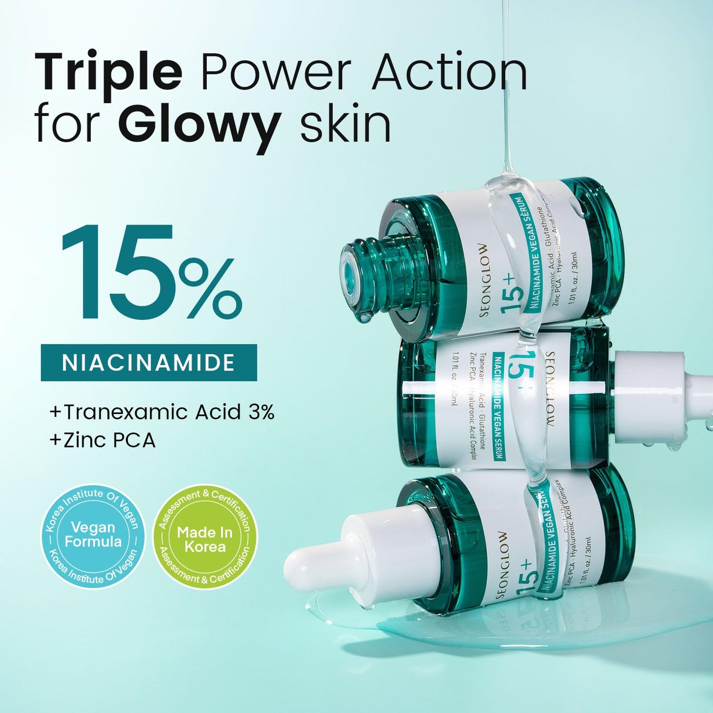 SEONGLOW 15% Vegan Niacinamide+ 3% Tranexamic Acid Serum: Korean Skin Care Niacinamide serum - Pore Minimizer for Face, Glutathi