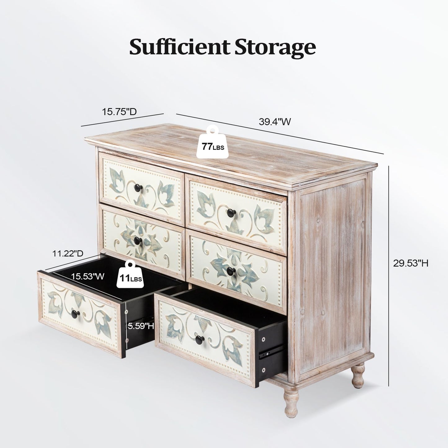 VINGLI Wash White Dresser for Bedroom, 6 Drawer Dresser Chest of Drawers, Boho Dresser Wooden, French Country Dresser with Carved Flower Pattern Drawers & Solid Wood Legs