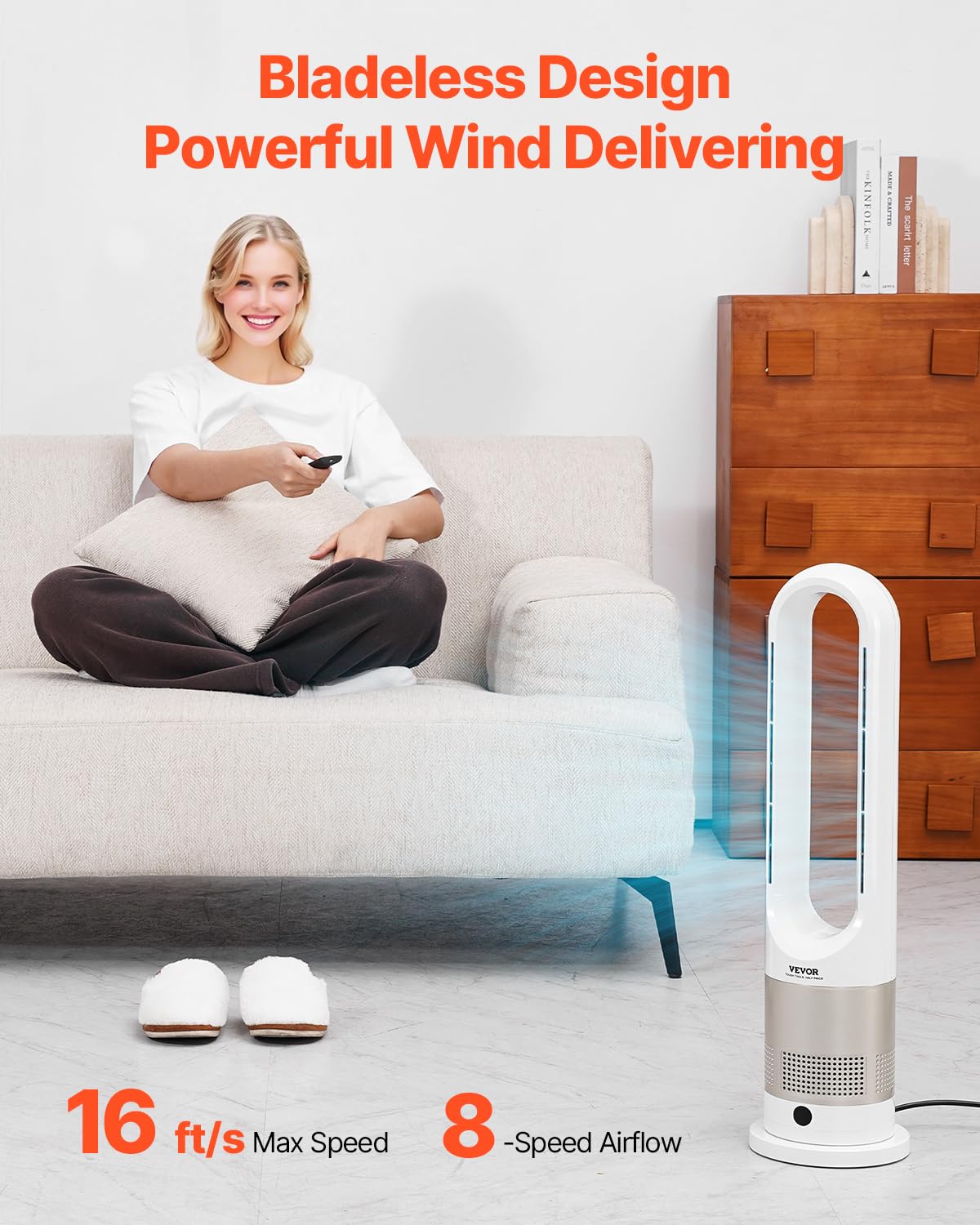 Vevor Tower Fan Bladeless, 16 Ft/S Velocity Quiet Floor Fan That Blows Cold & Heating Air, 80 Oscillating Fans With 8 Speeds, 9H