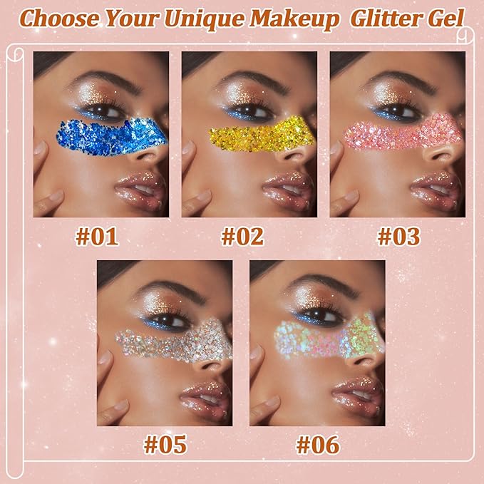 Boko 50ML Body Glitter Gel, Pink Chunky Glitter Gel for Face Hair Body Love Heart Makeup, Mermaid Face Glitter Sequins for Festival Music Concert Party Rave Accessories