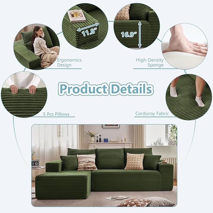 107" W Cloud Sectional Couch with L-Shape Chaise, Modern Corduroy Boneless Couch for Living Room,Memory Foam Sofa with Deep Seat,No Assembly Required (Green,Left-Facing Chaise)