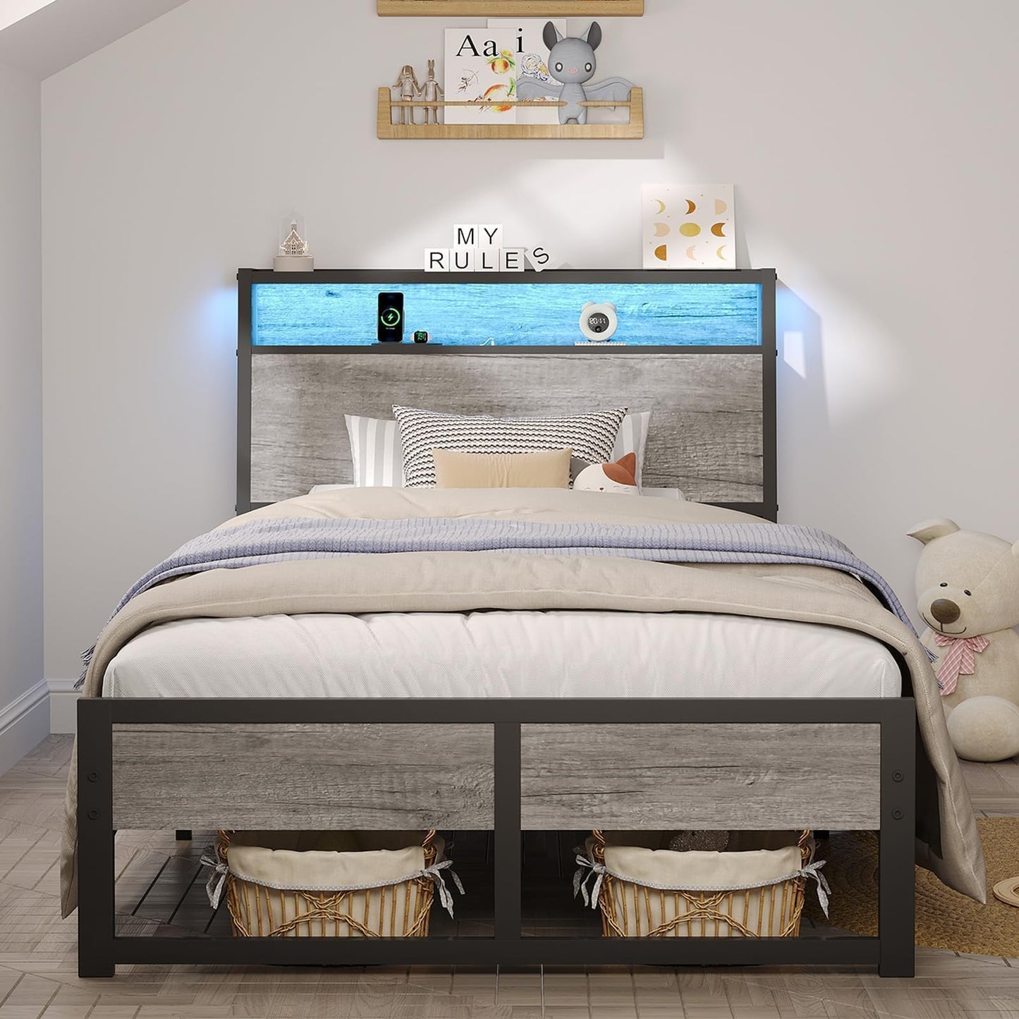 Twin Bed Frame with LED Lights and Charging Station, Twin Size Bed Frames with Ergonomic Storage Headboard, Heavy Duty Metal Slats Support, No Box Spring Needed, Noise-Free, Easy Assembly, Grey