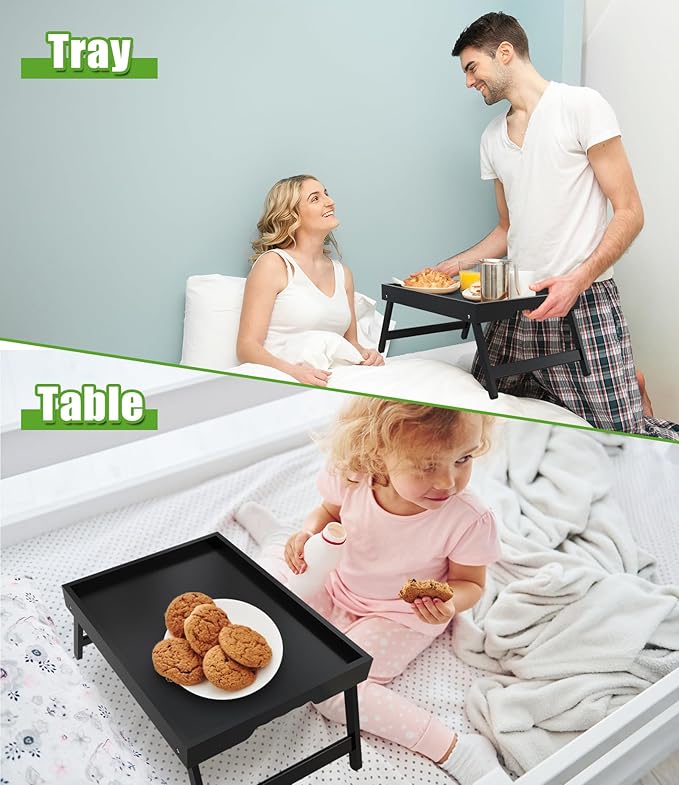 Youpehom Bed Tray Table with Folding Legs,Bamboo Breakfast in Bed for Kitchen Serving Tray,Sofa,Used As Laptop Desk Snack Breakfast Tray (Black, Large)