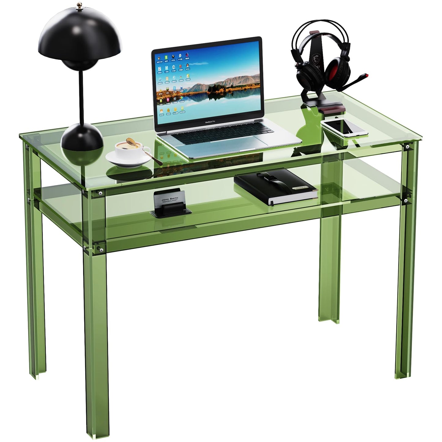 solaround Clear Acrylic Desk with Open Storage, Home Office Computer Writing Desk Office Study Table (Green, 39.4'' x 19.7'' x 29.5'')