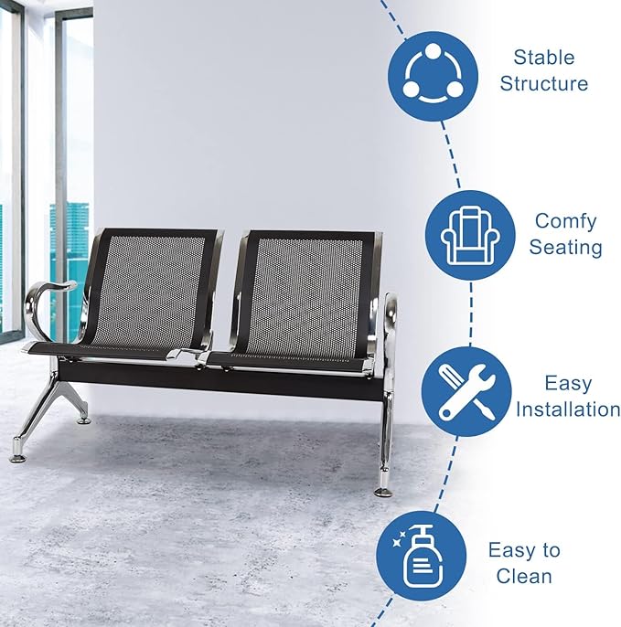kinbor Waiting Room Chairs - Durable Black Reception Bench with Armrests, 2-Seat Office Reception Guest Chairs for Office, Hospital, Airport, Bank & Lobby (Set of 2)