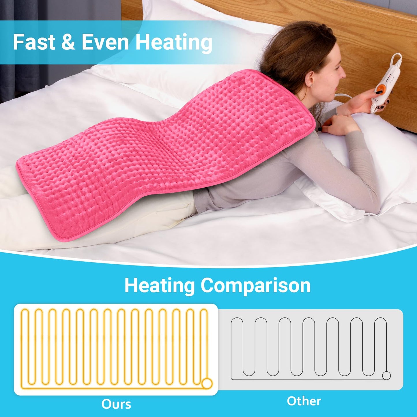 Boileau Electric Heating Pad for Back Pain and Period Cramps Relief, 17"x33" Extra Large XXXL, 3 Heating Levels Heat Pad with 2-Hour Auto Shut Off, Gifts for Women and Mom, Pink