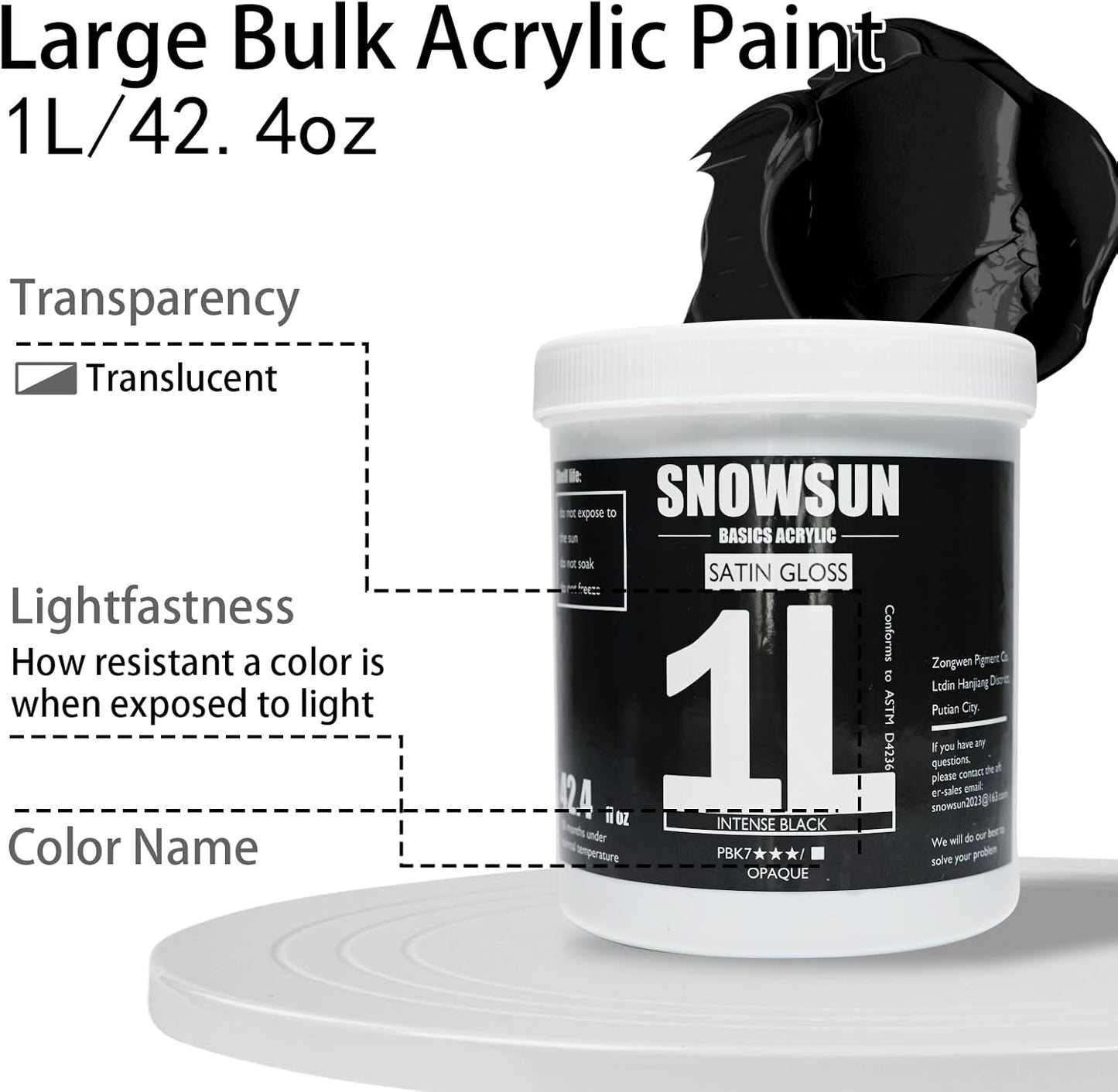 SNOWSUN Charcoal Black Acrylic Paint, 2 Pack 1 L /42.4 oz Large Bulk Acrylic Paints, Gloss Non-Toxic Heavy Body Paints - Thick Art Paints for Multi-Surface Canvas Wood Ceramic Fabric Wall- Ideal for Artists & Beginners