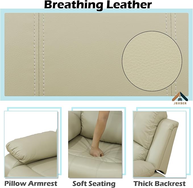 JBXBER Manual Recliner Sofa Set for Living Room, Leather Reclining Sofa Sets, Faux Leather Couch Set with Cup Holders, Drop-Down Table and Storage Console(Sofa and Loveseat,Beige)