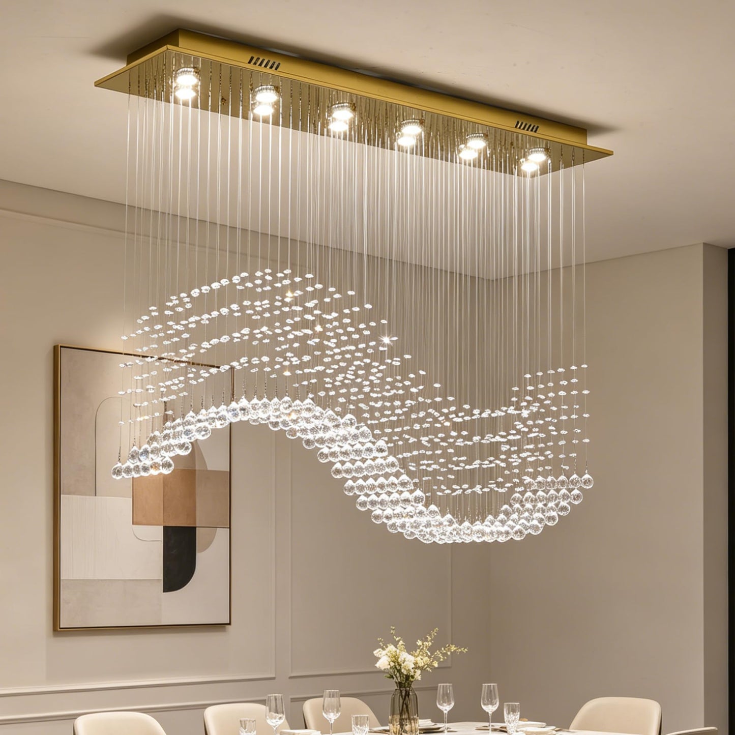 Siljoy 12-Lights Modern Crystal Chandeliers, Luxury Wave Raindrop Crystal Pedant Light Fixture, Rectangular Flush Mount Ceiling Light for Dining Room Living Room Kitchen Island 47 Inch