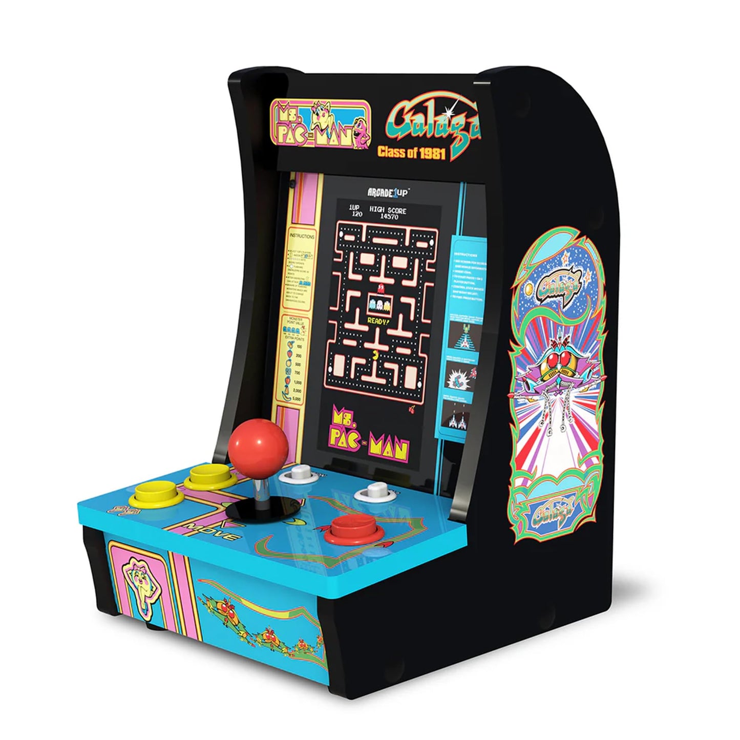 Arcade1Up Class of ‘81 Ms. PAC-Man/Galaga Countercade – 3 Classic Games, Retro Game Console for Home, Portable Console with 7-inch Screen, Table-top Video Game for Game Room