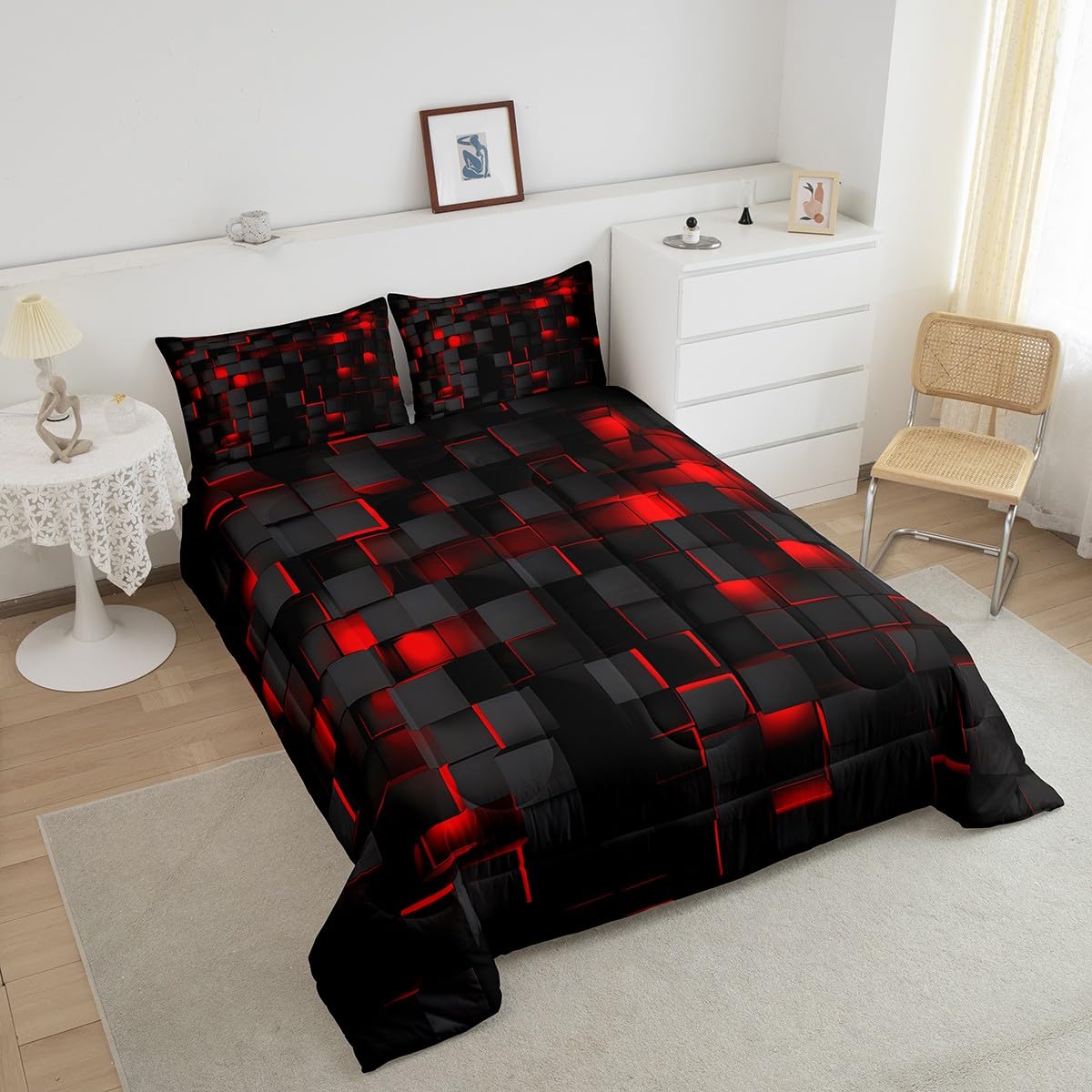 Feelyou Red and Black Bedding Set Queen Size Light Geometric Comforter Set for Kids Boys Girls Geometry Decor Comforter Modern Duvet Set