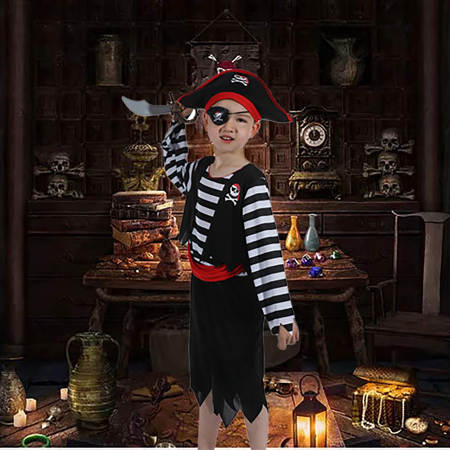 SPUNICOS Children's Pirate Costume with Pirate Hat,Eyepatch,Pirate Cutlass Kids Small(4-6)