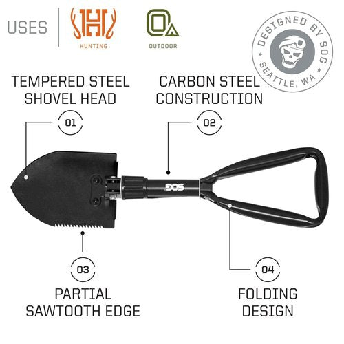 SOG Tactical Tomahawk- Throwing Hatchet, Versatile Survival Tactical Axe and Emergency Breaching Tool & Entrenching Tool- 18.25 Inch Folding Survival Shovel with Wood Saw Edge - Black (F08-N)