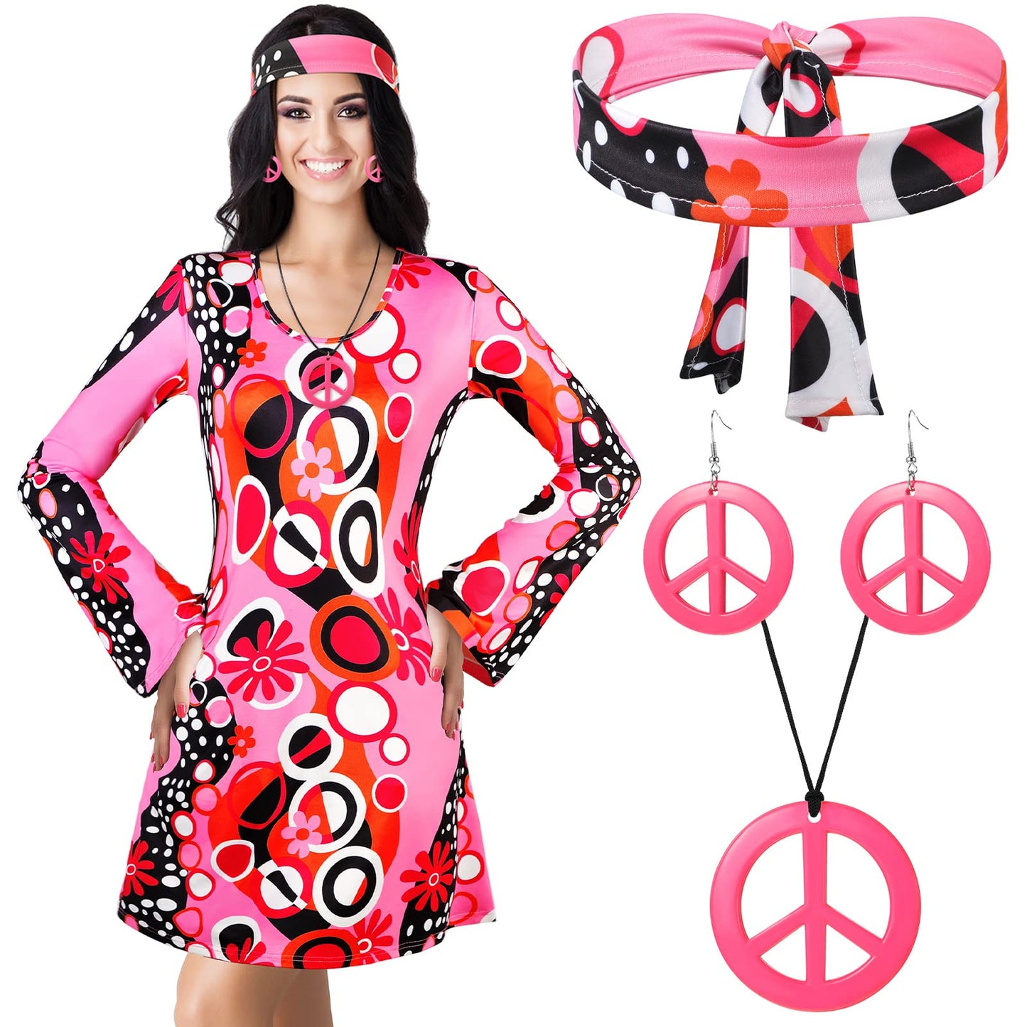 Haysandy 70s 60s Hippie Costume Set Women Disco Outfit Accessories for Halloween Carnival Earrings Necklace Headband(Medium)