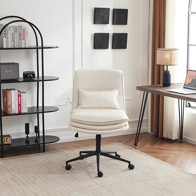 VINGLI Cloud Criss Cross Legged Chair,18" High Back Armless Home Office Desk Chair with Wheels,Wide Adjustable Comfy Padded Seat Task Computer Chair,Modern Swivel Makeup Vanity Chair,Microfiber,Beige