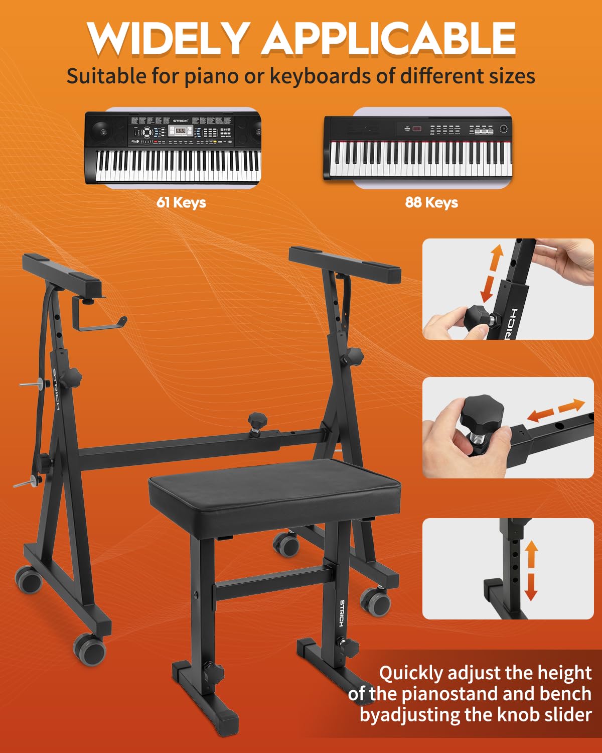 STRICH Piano Keyboard Stand Stool Set, Portable Heavy Duty Stand for 54-88 Key Electric Digital Pianos & Adjustable Piano Bench, Chair, Black, SKT-02 & SPB-M50