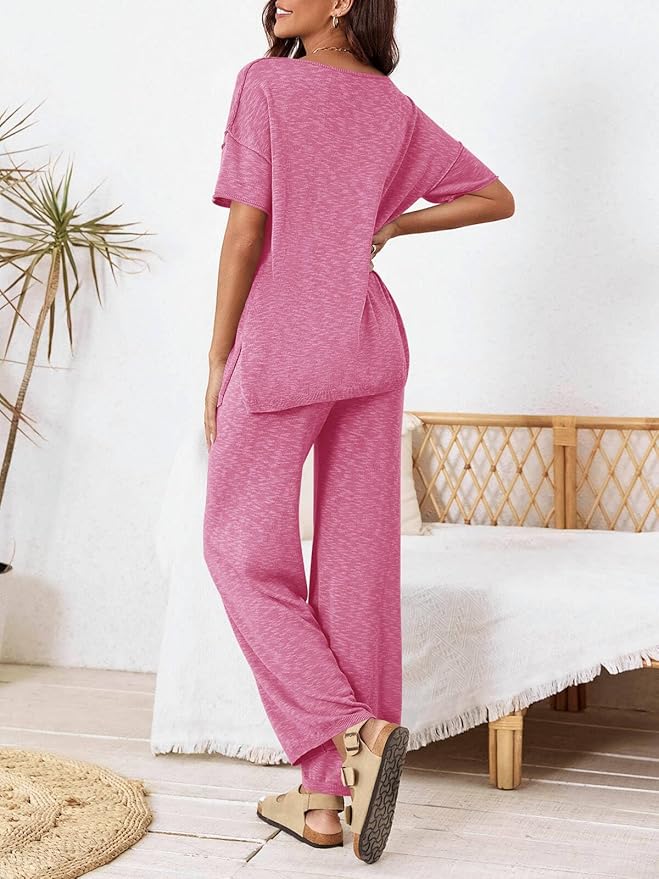 Tankaneo Women's 2 Piece Travel Outfits Casual Short Sleeve Knit Sweater Set Wide Leg Pants Lounge Sets Tracksuit