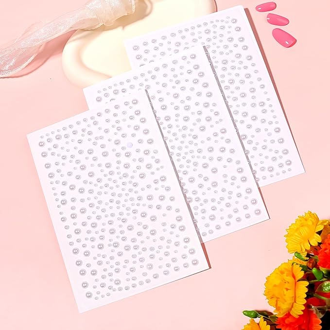 975Pcs Face Gems Hair Gems, Self-Adhesive Face Jewels Eye Jewels Rhinestones 3/4/5/6 mm DIY Face Gems Stick on, Hair Body Rhinestones Gems Crystals Pearls for Face Makeup, Crafts (Pearl_White)