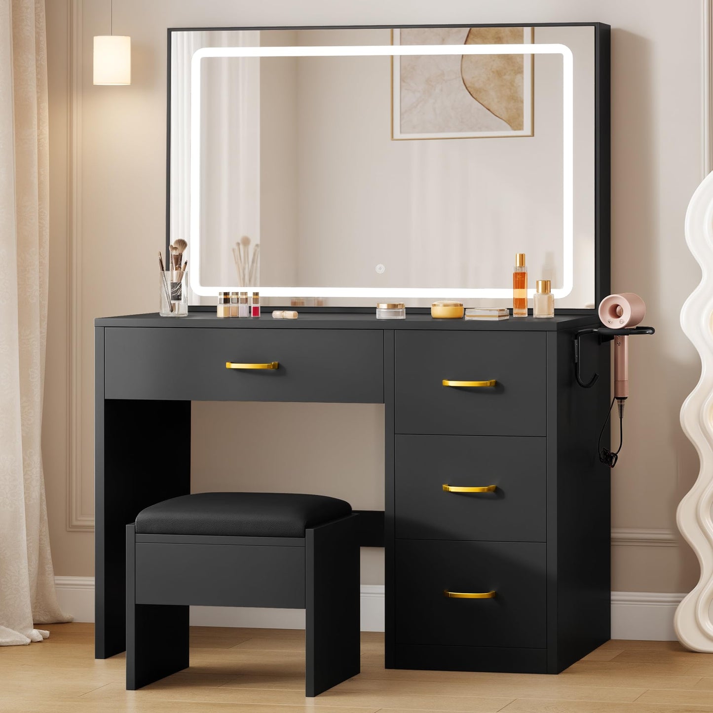 YITAHOME Vanity Desk with Large 35" Mirror and LED Lights, Makeup Vanity Set with 4 Drawers and Stool, Ample Storage & Power Strip, Brightness Adjustable, Dressing Table, Black