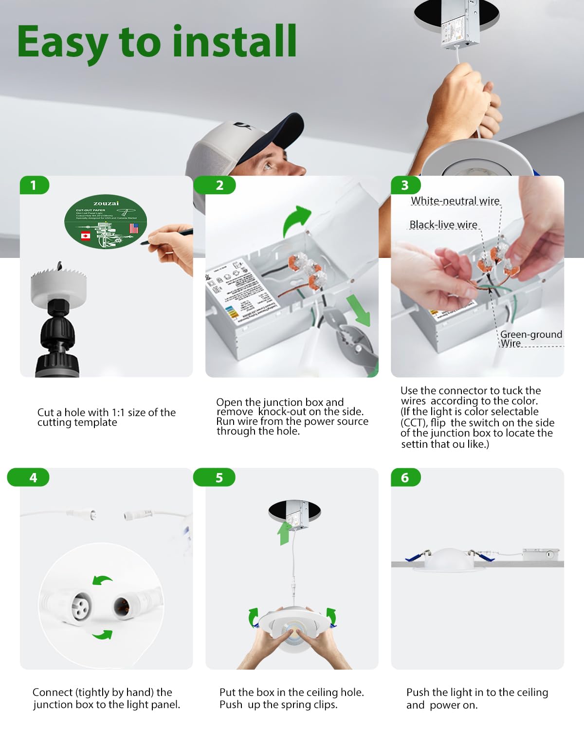 zouzai 6 inch 5CCT Gimbal Led Recessed Lights, 360°+90° Adjustable Directional Recessed Lighting, 2700K/3000K/3500K/4000K/5000K Dimmable Retrofit Eyeball Can Lights with Jbox, ETL(White, 12 Pack)