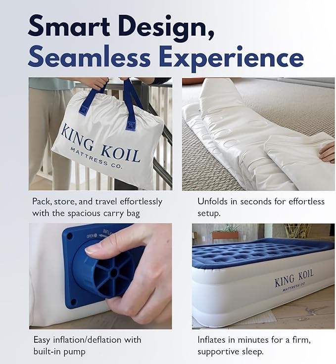 King Koil Luxury Full-Size Air Mattress with Built-In High-Speed Pump & Built-In Pillow Top, 20" Inflatable Double High Airbed for Home, Camping & Guest Comfort, Waterproof & Portable, 1-Year Warranty