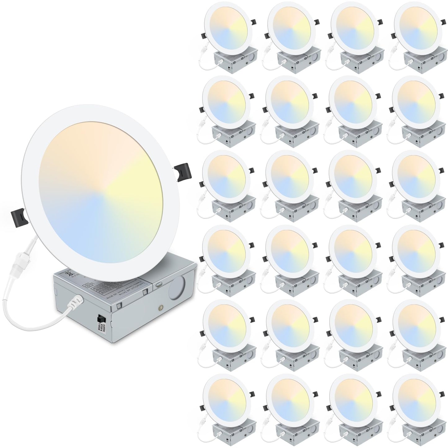 LZHOME 24 Packs 8 Inch Recessed LED Light: Ultra Thin LED Recessed Lighting with Junction Box, 3000K/4500K/6000K Selectable,Ceiling Light, High Brightness 1800LM Dimmable Canless LED Downlight