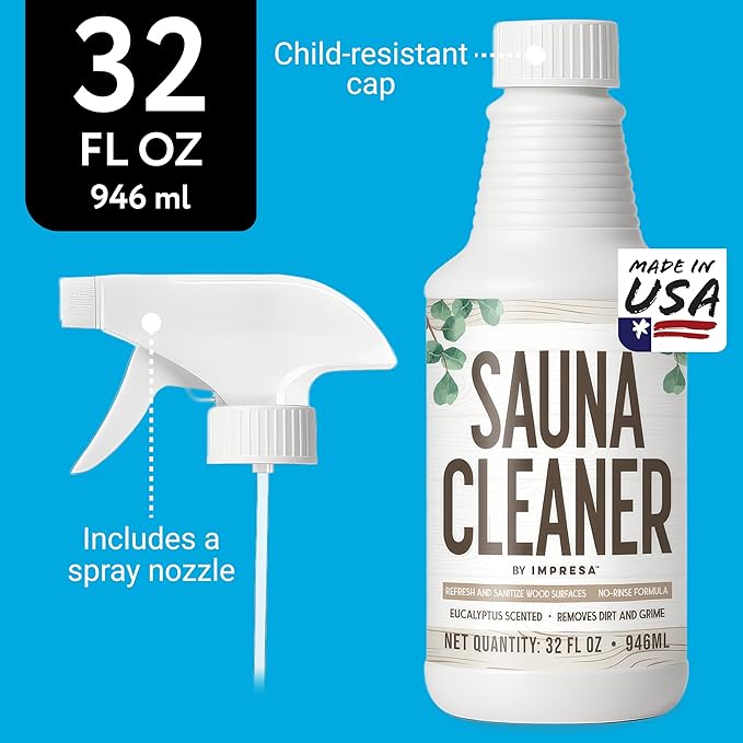 IMPRESA 32oz Sauna Cleaning Spray – All Purpose Eucalyptus Wood Cleaner Spray for Home Sauna, Spa, Steam Room & Gym – Natural Multipurpose Surface Cleaner Bottle – Gentle Ingredients Tough on Grime
