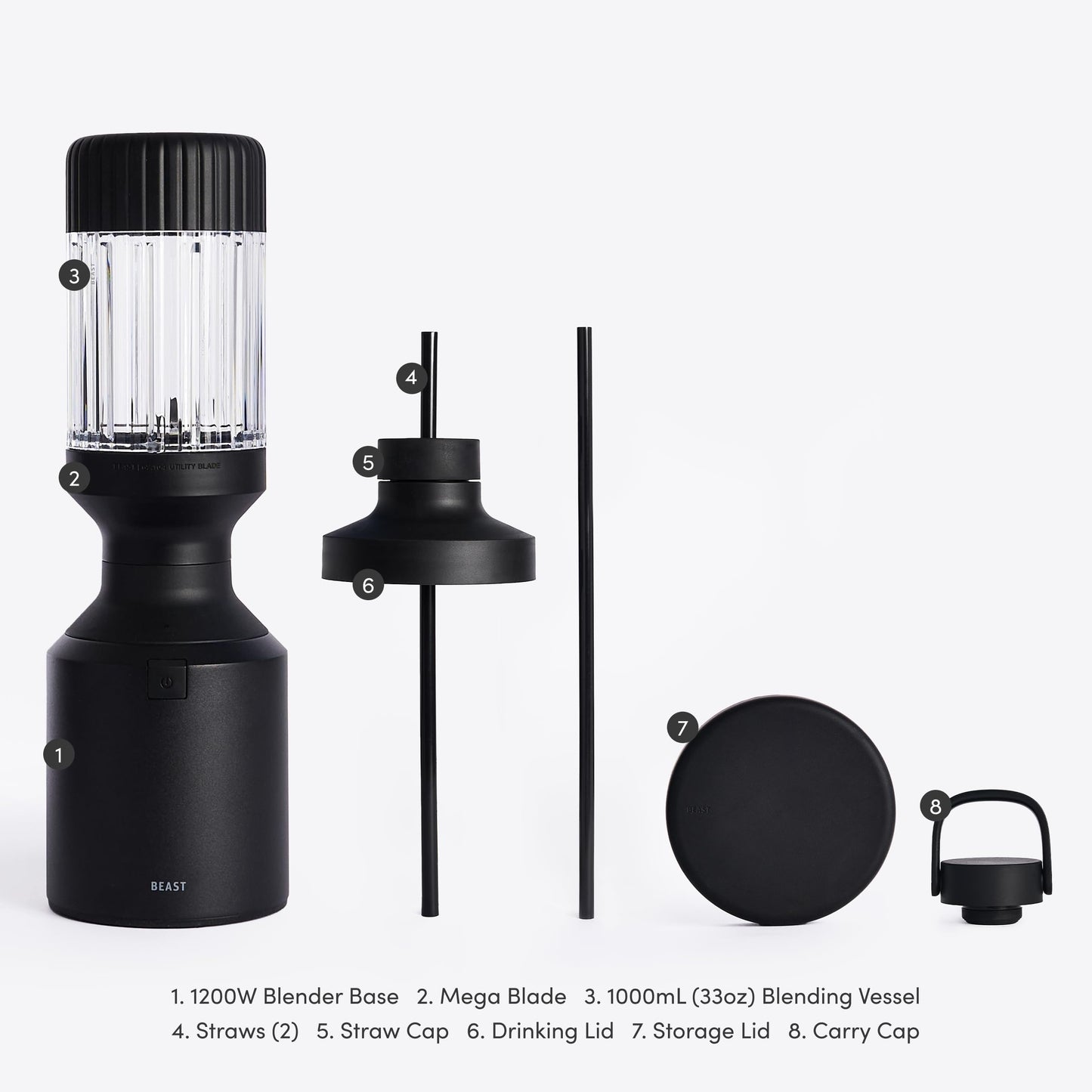 Beast Mega 1200 | Premium Countertop Blender | Smoothies, Shakes, Sauces, Dips, Soups | Blends Ice and Frozen Fruit | Includes Extra Lids and Straw System | 1200W | (Carbon Black, 120V)