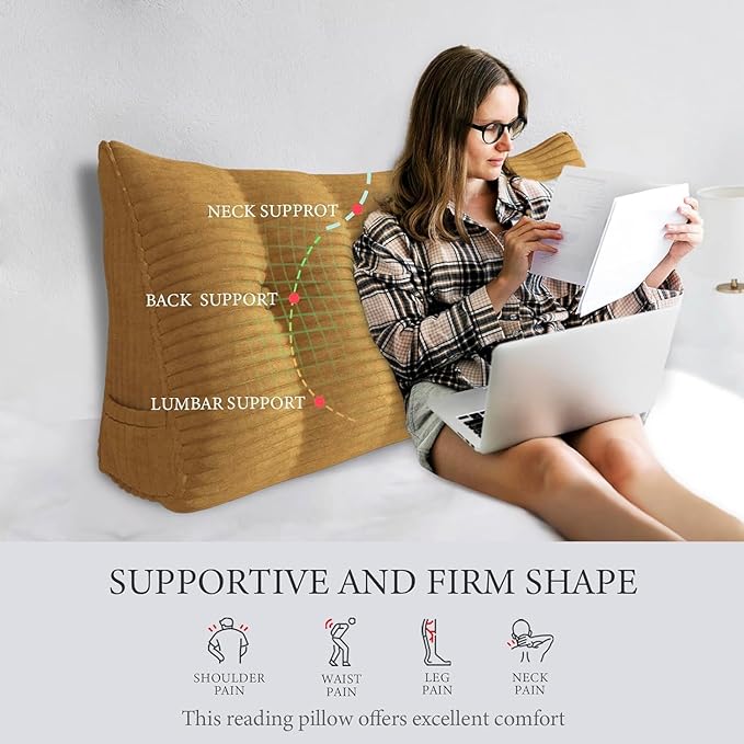Wedge Headboard Pillow Dorm Room Reading Pillow Back Support for Sitting Up in Bed Bolster Lumbar Cushion Body Positioning Bedrest Corduroy (Khaki, Full (54 * 8 * 20in))